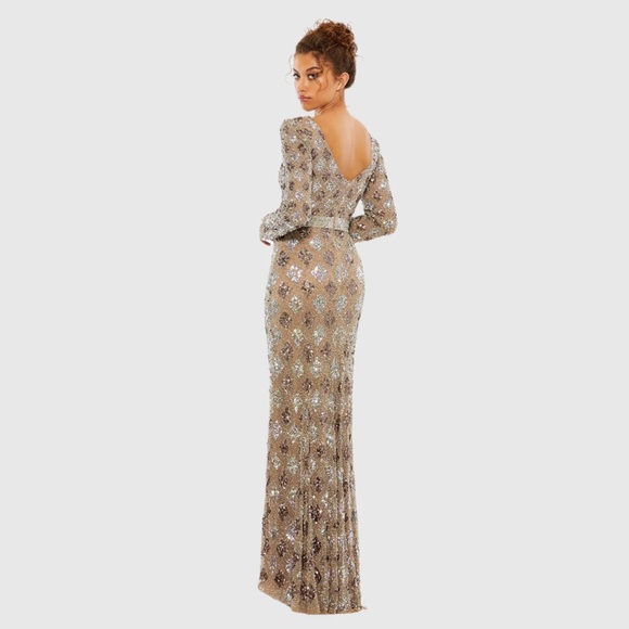 NWT $598 MAC DUGGAL Geometric Embellished Mocha Evening Gown DRESS BEADED 5021 - Picture 4 of 4